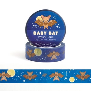 Baby Bat Washi Tape - Kawaii Washi Tape, Decorative Tape, Paper Tape, Colorful Crafting Tape, Stationery Craft Tape, Bat Tape Moonlight