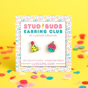 Party Pals Earrings - Hard Enamel Birthday Earring Stud Party Hat Earrings Birthday Candle Gold Earring Cupcake Gift Stud Buds Earring Club