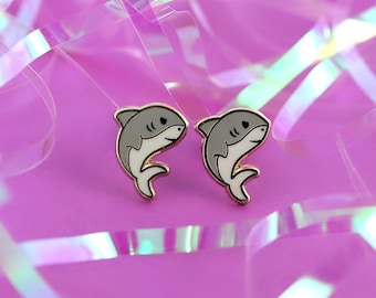 Shark Earrings - Great White Earring Gift Ocean Earring Studs Jaws Gold Earrings Kawaii Earrings Megalodon Enamel Earrings Shark Gold Studs