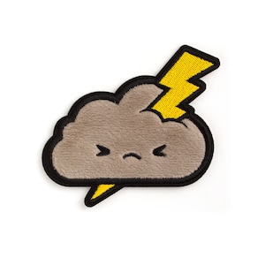 May include: A gray, fuzzy cloud with a frowning face and a yellow lightning bolt coming out of the top. The cloud is outlined in black.