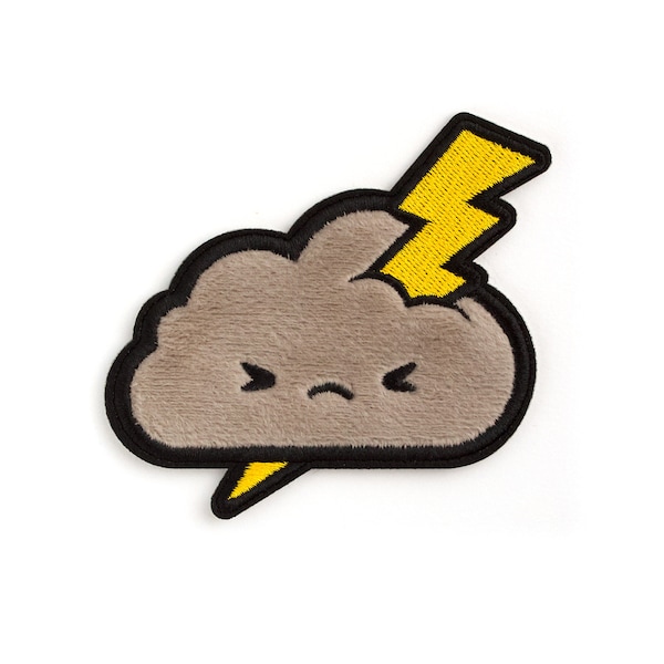 SALE Fuzzy Grumble Cloud Patch Sticker - Adhesive Patch Nimbus Cloud Applique Patch Embroidered Cute Cloud Lightning Pouty Cloud Weather