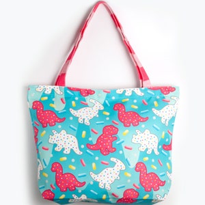 Dino Cookie Tote Bag - Kawaii Shoulder Bag Dinosaur Zippered Tote Trex Zippered Bag Cookie Shoulder Tote Shopping Bag Triceratops Tote Bag