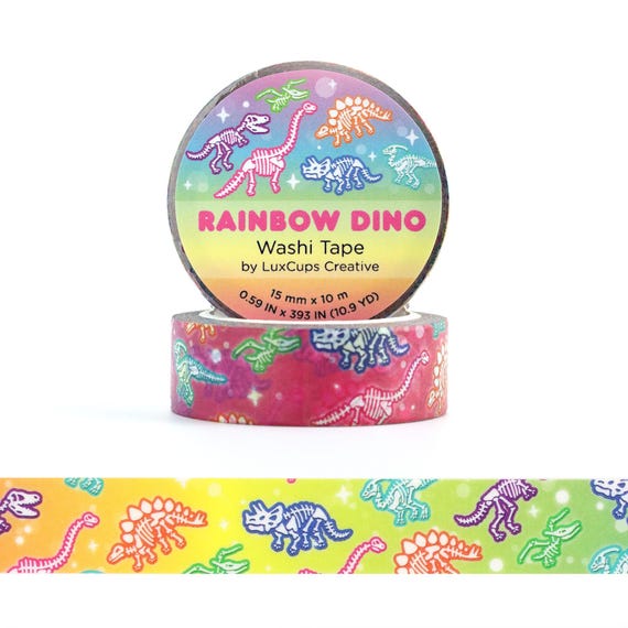 Rainbow Dino Washi Tape - Dinosaur Kawaii Washi Tape Trex Decorative Tape Stegosaurus Paper Tape Triceratops Colorful Crafting Tape