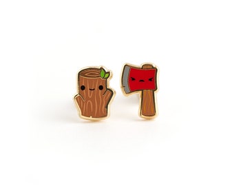 Timber Twins Earrings - Hard Enamel Log Earring Stud Axe Earrings Lumberjack Gold Earring Studs Wood Earrings Tree Gift Fun Earrings Gift