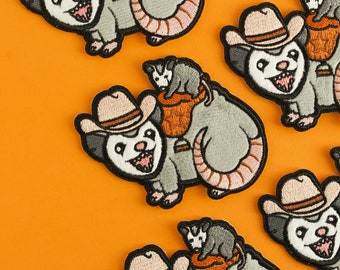 Possum Posse Patch Sticker - Adhesive Patch Opossum Applique Patch Embroidered Kawaii Texas Cowboy Possum Patches Rodeo Possum Flair