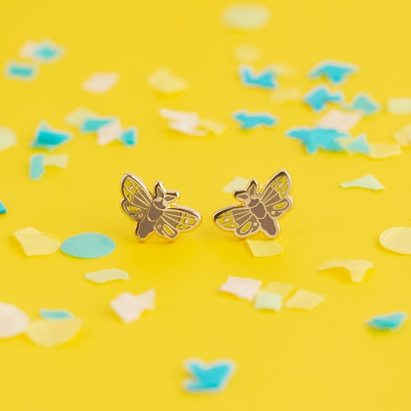 Moth Earrings - Hard Enamel Spooky Earring Stud Halloween Earrings Deaths Head Earrings Gold Hawk Moth Earring Studs Goth Studs Gift
