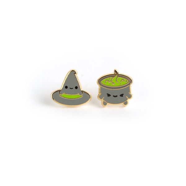 Witchy Wonders Earrings - Hard Enamel Witchy Earring Stud Cauldron Earrings Witchy Hat Gold Earring Studs Halloween Gift Spooky Earring Gift