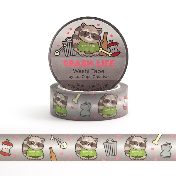 Raccoon Washi Tape - Trash Life Kawaii Washi Tape Trash Panda Decorative Tape Paper Tape Garbage Colorful Crafting Tape Stationery Tape