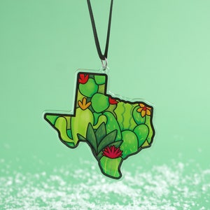 May include: A clear acrylic pendant in the shape of Texas, filled with green cacti and succulents. The pendant has a black outline and is suspended from a black cord. The cacti have red and yellow flowers.