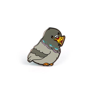 May include: A gray and white cartoon pigeon with a blue and purple neck holding a slice of pizza in its beak. The pigeon is looking to the right. The background is white.
