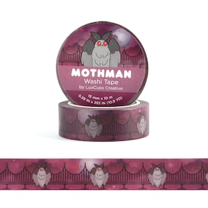 May include: A roll of purple and black washi tape with a repeating pattern of a moth with red eyes and a bridge. The tape is labeled "Mothman Washi Tape by LuxCups Creative" and has the dimensions 0.59 in x 393 in (10.9 yd) and 15 mm x 10 m.
