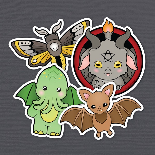 Spooky Sticker Pack - Bat Sticker Cthulhu Sticker Pack Cute Stickers Gothic Sticker Moth Vinyl Sticker Baphomet Vinyl Sticker