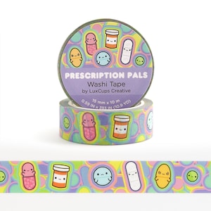 May include: A roll of washi tape with a purple background and a repeating pattern of colorful pills, bandages, and other medical-themed illustrations. The tape is labeled "Prescription Pals Washi Tape by LuxCups Creative". It measures 0.59 inches by 393 inches (10.9 yards) and is 15 millimeters wide by 10 meters long.