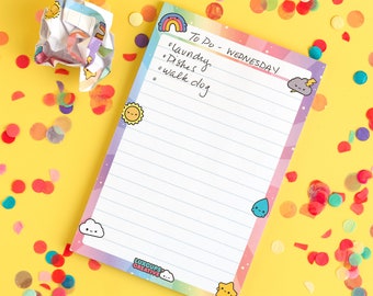 May include: A rainbow-colored notepad with a to-do list for Wednesday. The list includes laundry, dishes, and walk dog. The notepad is decorated with cute cartoon characters and is surrounded by colorful confetti.