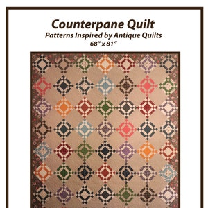 May include: A quilt pattern featuring a geometric design with a variety of colors, including red, green, blue, and purple. The quilt is 68 inches by 81 inches and is titled "Counterpane Quilt".