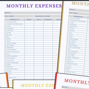 May include: A collection of six monthly expense tracker sheets, each featuring a different colored border and header text. The forms include columns for expense items, budget, actual costs, differences, and notes, with a section for total income.