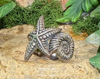 Tracey Mayer Starfish & Shell Vintage Sterling Silver Ring Size US 9
