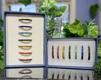 Rainbow Austrian Crystal Retro Stackable Stainless Steel Ring Set Size US 6/8