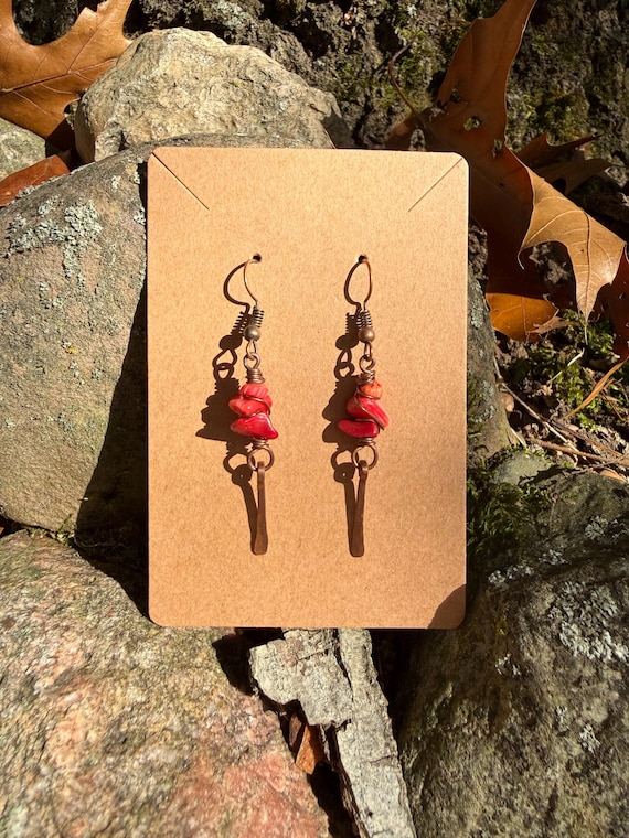 Handmade Red Coral Copper Dangle Earrings - image 1