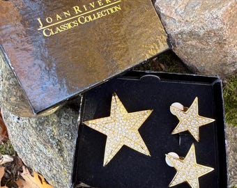 Joan Rivers Golden Star Rhinestone Brooch & Earring Vintage Jewelry Set