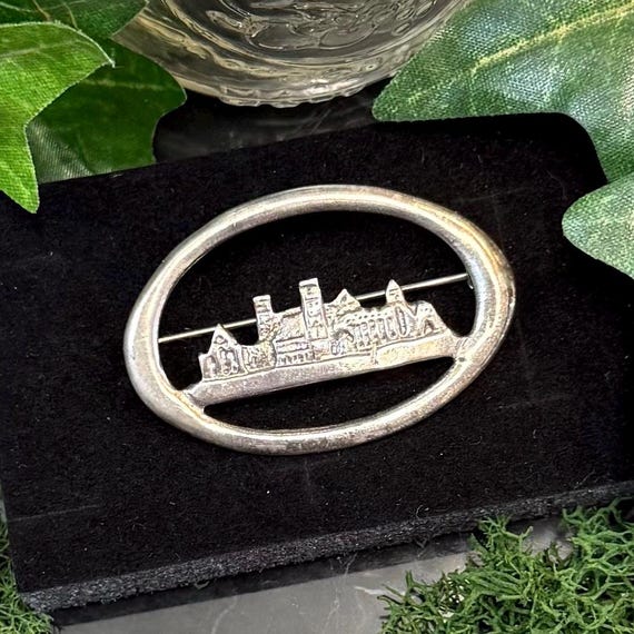 Antique Village Scene Vintage Sterling Silver Brooch