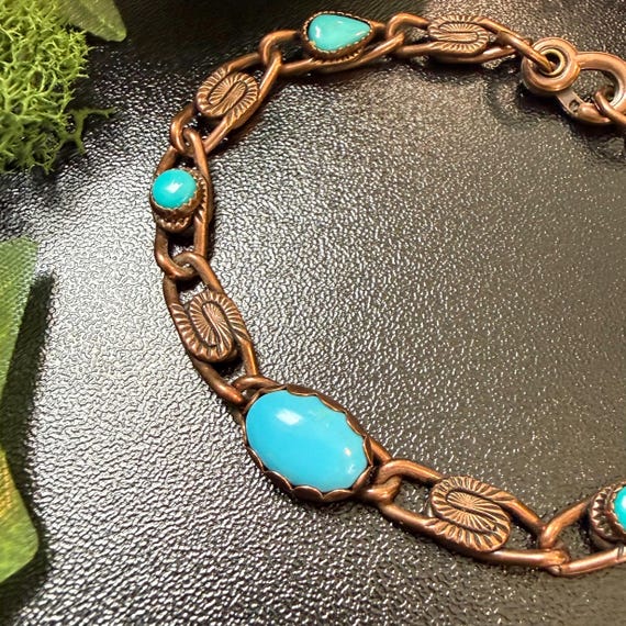 Vintage Solid Copper and Turquoise Gemstone Chain… - image 2