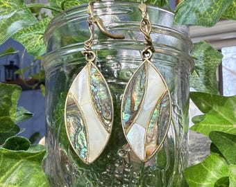 Abalone Shell & Mother of Pearl Vintage Alpaca Mexico Silver Dangle Earrings