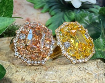 Champagne or Yellow Cubic Zirconia Vintage Stainless Steel Ring Size US 8