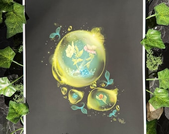 Lámina artística de fantasía con burbujas de flores verdes de Ryn