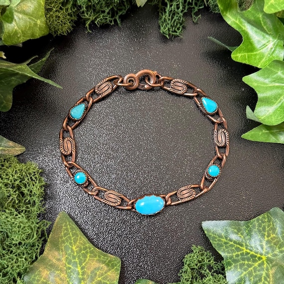 Vintage Solid Copper and Turquoise Gemstone Chain… - image 1
