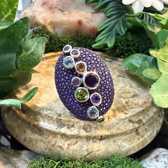 Chi by Falchi Purple Scale & Multi Gemstone Sterling Silver Ring Size US 9