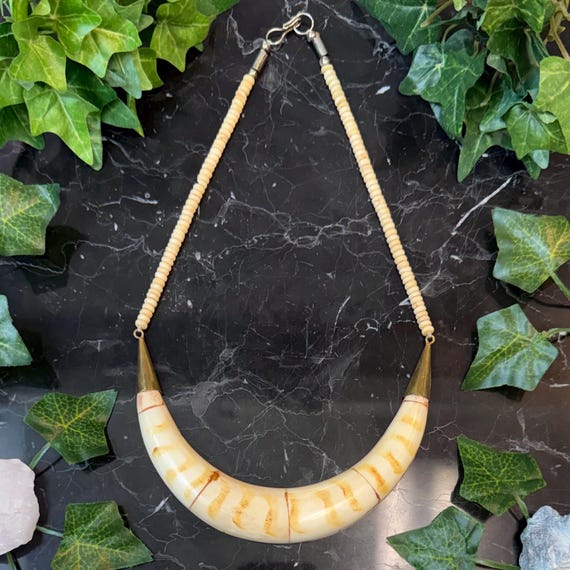 Vintage Carved Bone Pendant & Bead Necklace