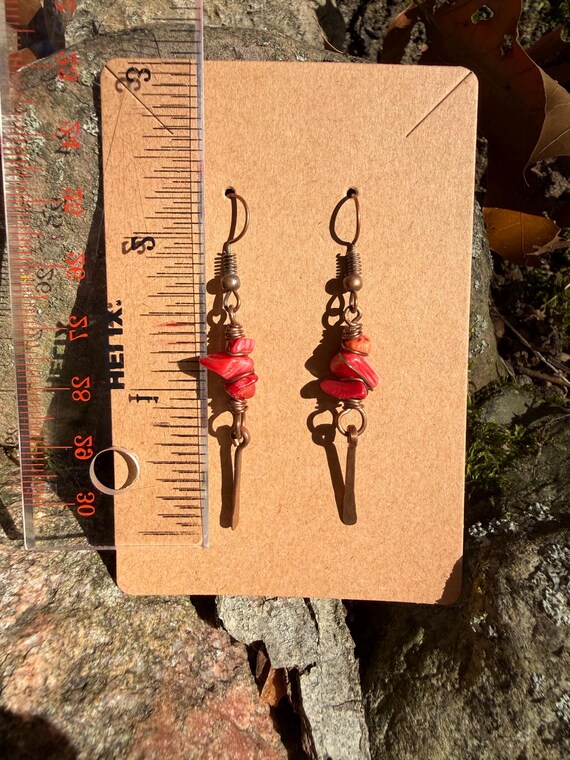 Handmade Red Coral Copper Dangle Earrings - image 4