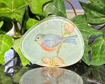 Broche vintage de resina transparente con pájaro azul y flor