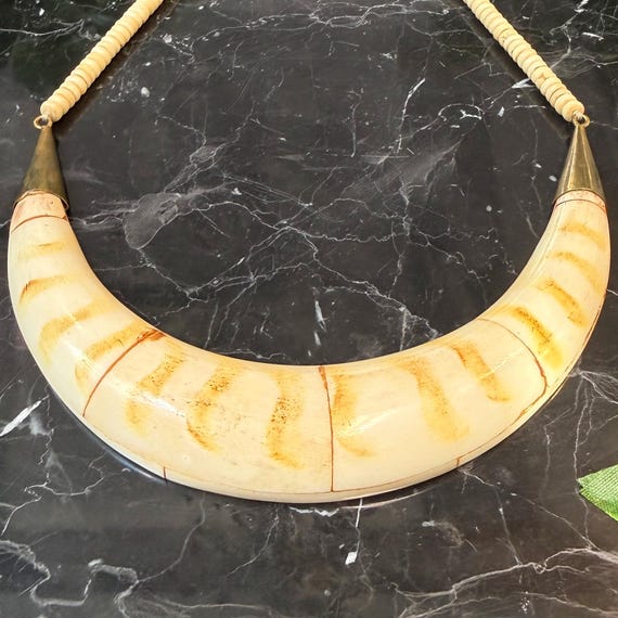 Vintage Carved Bone Pendant & Bead Necklace View 2