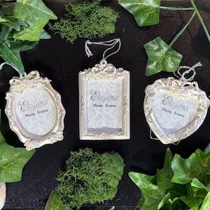 May include: Three silver photo frames in oval, rectangular, and heart shapes. Each frame has ornate detailing and the text "Elegance Photo Frame". The frames are displayed on a black surface with green moss and ivy.