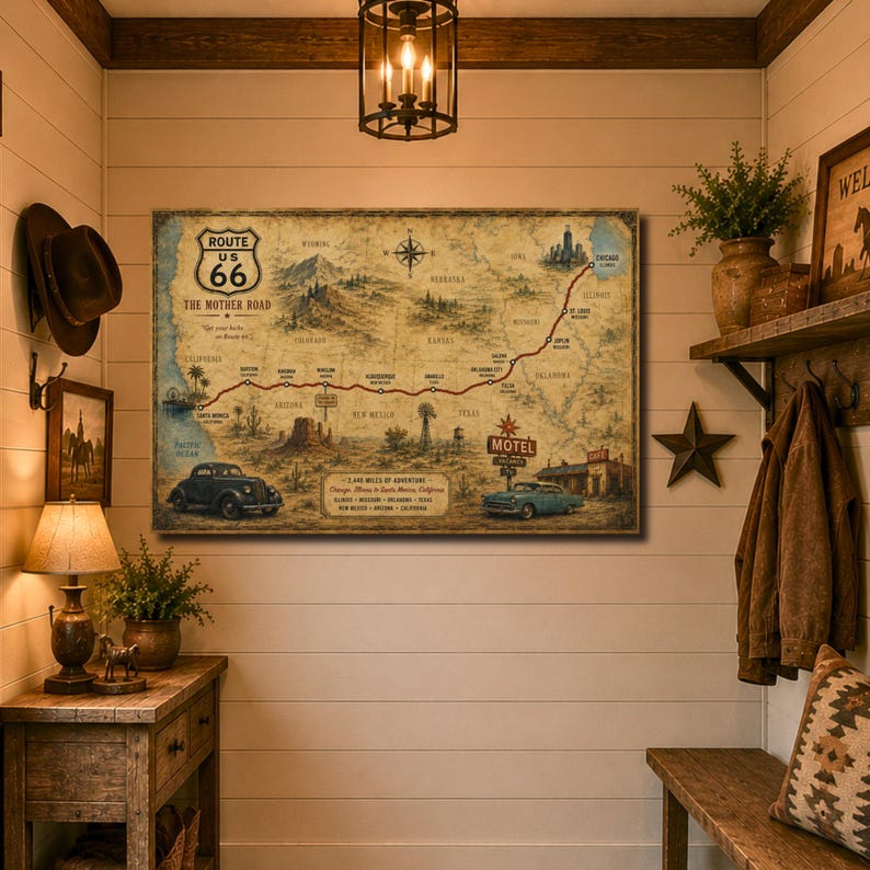 Route 66 Canvas Map Art – Vintage Mother Road Americana Decor - Etsy