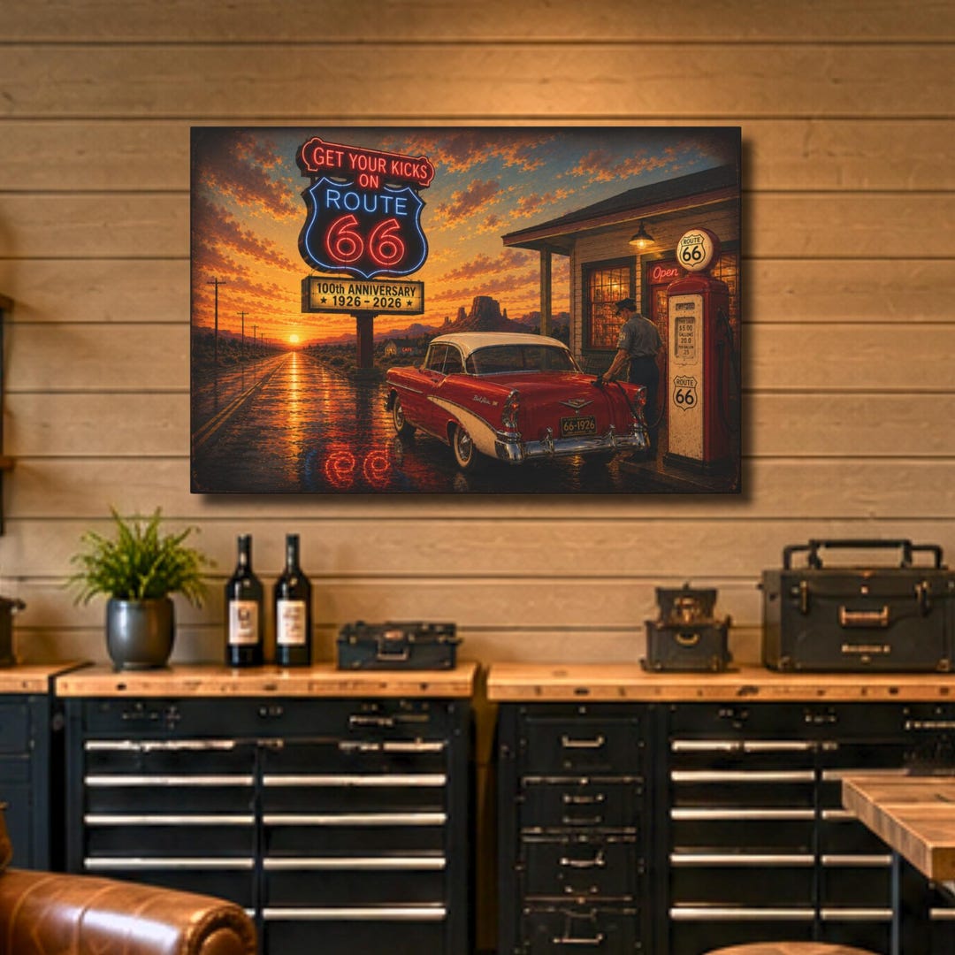 Route 66 Sunset Gas Station Canvas | Vintage Car Americana Wall Art - Etsy