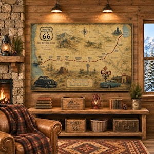 Op de afbeelding: Een rechthoekige wandkunstprint met een vintage-stijl kaart van Route 66, gelabeld The Mother Road. De kaart toont een rode route door verschillende staten, illustraties van klassieke auto's, een motelbord en gedetailleerde tekst.