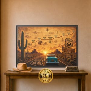 May include: A framed wall art print depicting a vintage teal car driving on a desert road toward a sunset. The scene features a map of Route 66, a large saguaro cactus, and a wooden signpost labeled Route 66 The Mother Road Life is a Highway.