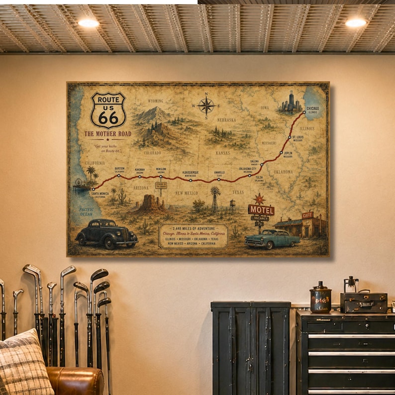 Route 66 Canvas Map Art – Vintage Mother Road Americana Decor - Etsy