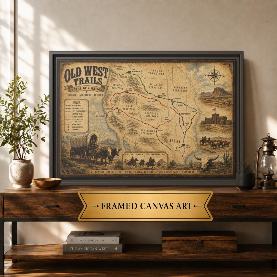 Old West Trails Vintage Map Canvas Print, Framed - Etsy