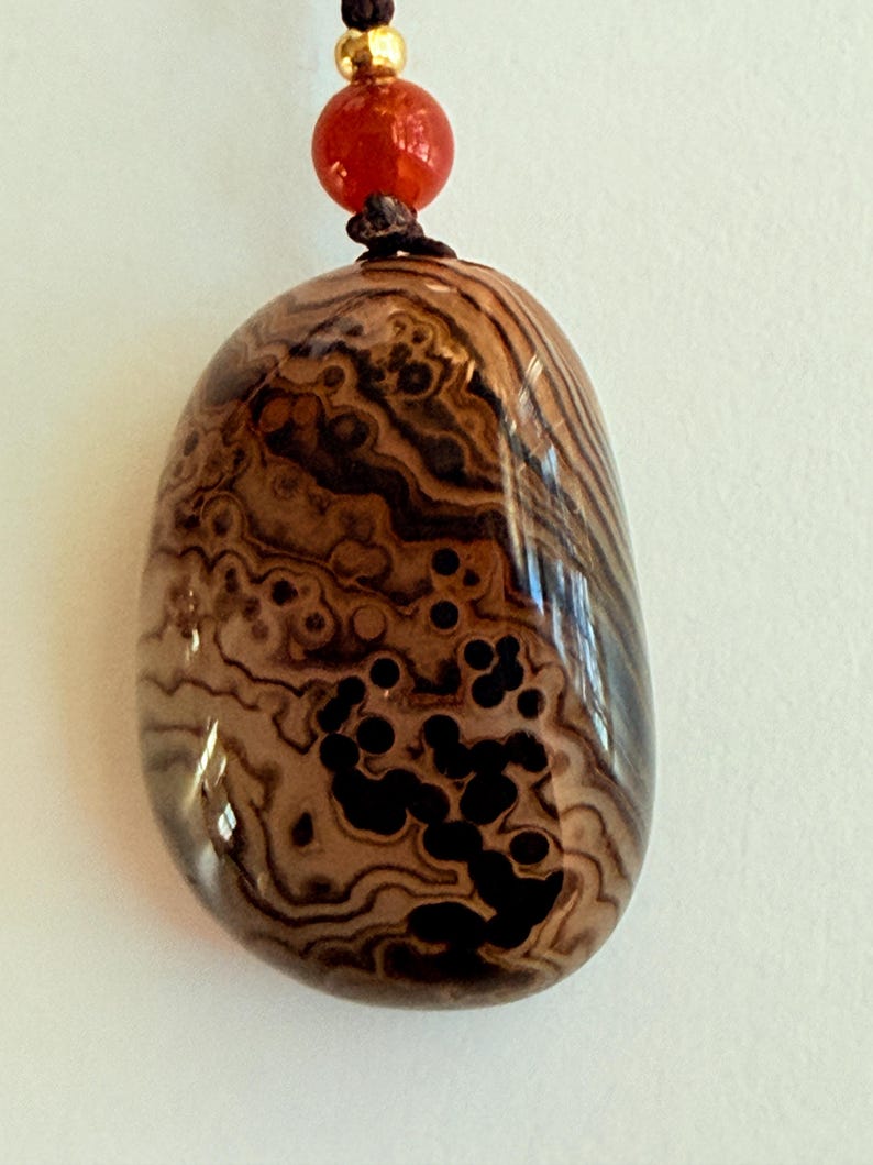 May include: A polished, oval-shaped pendant with a unique pattern of brown and black swirls and spots. The pendant is strung on a dark cord, with a red bead and a gold-colored bead at the top.