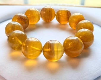 Unisex Golden Fluorit Armband 18 mm Große Perle Statement Armband Natürlicher Kristall Reichtum Energie Schmuck