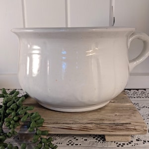 May include: A large, off-white ceramic bowl with a handle. The bowl has a wide, rounded shape and a slightly flared rim. It sits on a weathered wooden surface, with green plant sprigs in the foreground. The bowl is likely for decorative or functional use.