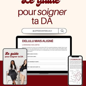 Peut inclure: Image d'un guide de marketing numérique intitulé "Le guide pour soigner ta DA" en script bordeaux. L'image comprend un ordinateur portable, une tablette et un téléphone affichant du contenu. La tablette montre deux femmes.
