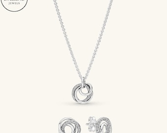Pandora Family Always Encircled Earrings & Necklace Jewellery Set︱ Sterling Silver ︱ Gift Edition ( Box, Bag, Card and Cloth)
