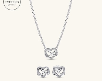 Parure de bijoux collier et boucles d'oreilles coeur infini Pandora, argent sterling, édition cadeau (boîte, sac, carte et tissu)