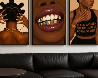 Black Woman Wall Art Set of 3 | Melanin Afrocentric Glam | Printable Digital Download