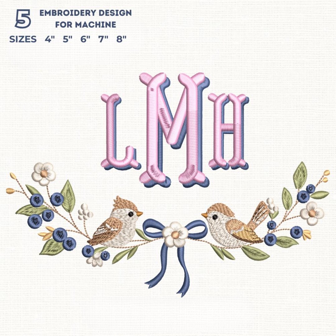 Blue Birds & Berries Wreath + Fishtail Shadow Monogram Font ...